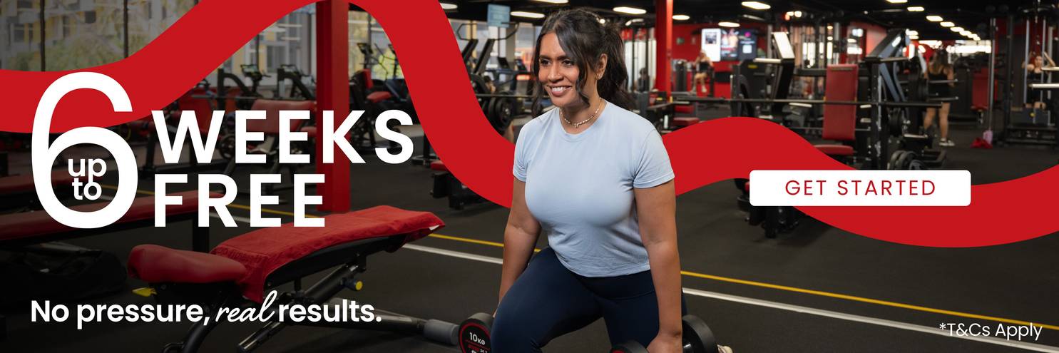 Woman doing lunge with dumbbells. Text overlay reads 'up to 6 weeks free' promoting a gym membership offer at Snap Fitness 24/7 gym.