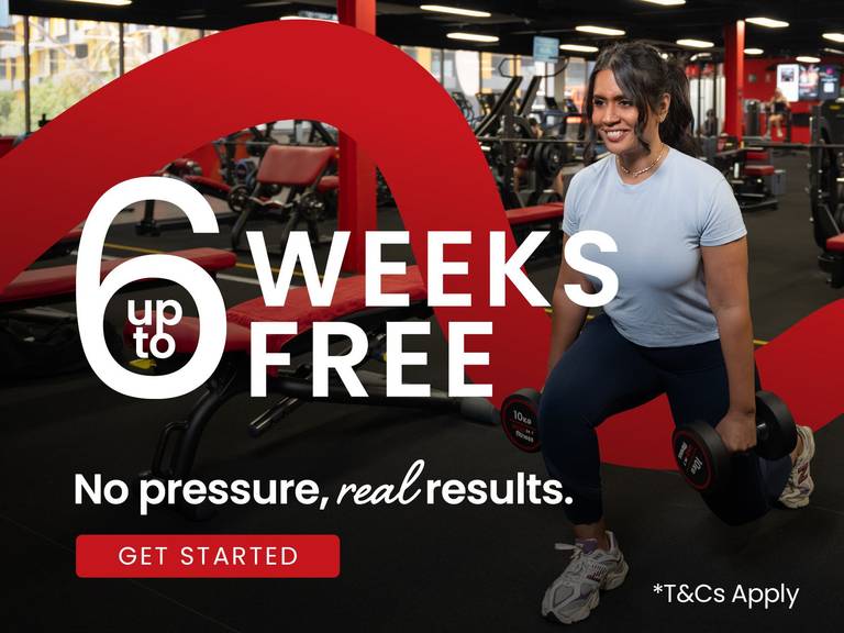 Woman doing lunge with dumbbells. Text overlay reads 'up to 6 weeks free' promoting a gym membership offer at Snap Fitness 24/7 gym.